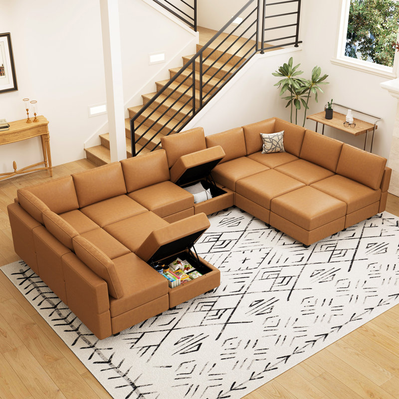 Ancram Oversized 14-Seats U Shaped Sofa Storage Sleeper Faux Leather Memory Foam Couch Adjustable Backrest Modular Sofa for Livingroom