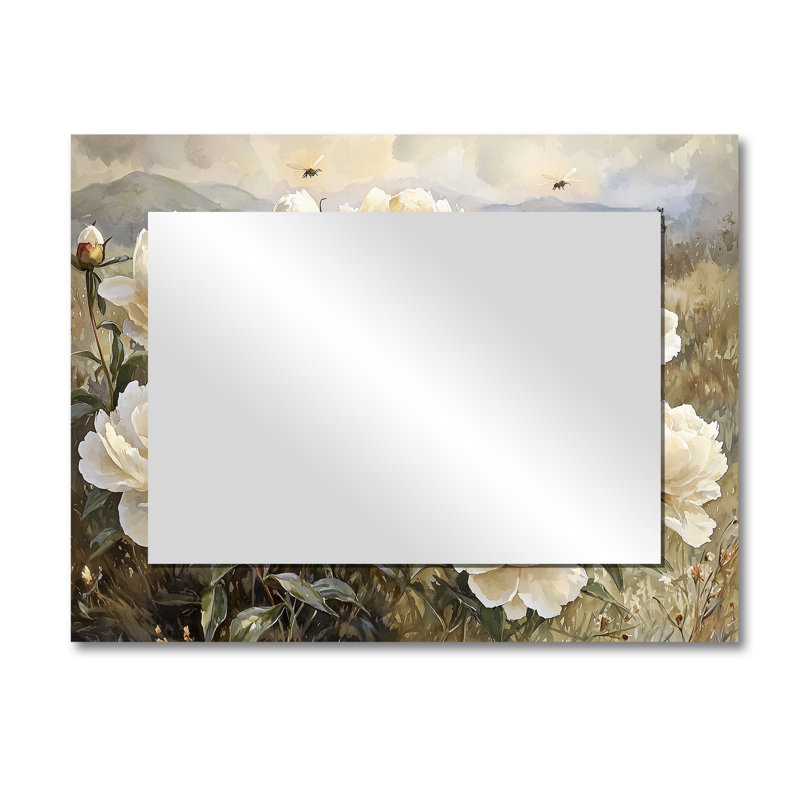 Peonies Near The Beehives II - Floral Mirror For Wall Art Decor - Printed On Metal, 30" x 40"