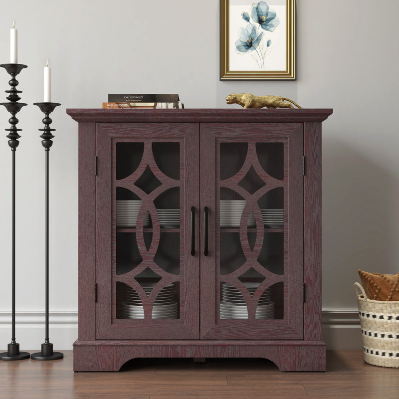 Armoire spacieuse avec portes en verre trempé transparent et tablette réglable, 34.06" H x 34.37" W x 15.55" D, Ox Blood Red