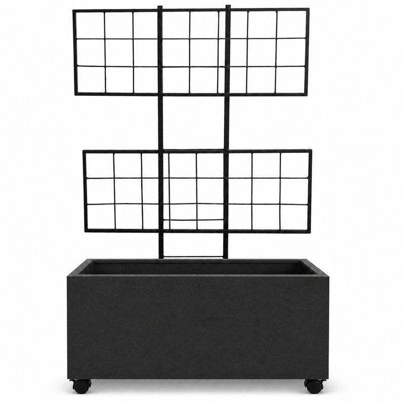 Large pot rectangulaire large en polystone lisse avec treillis et roues en acier, noir, Noir