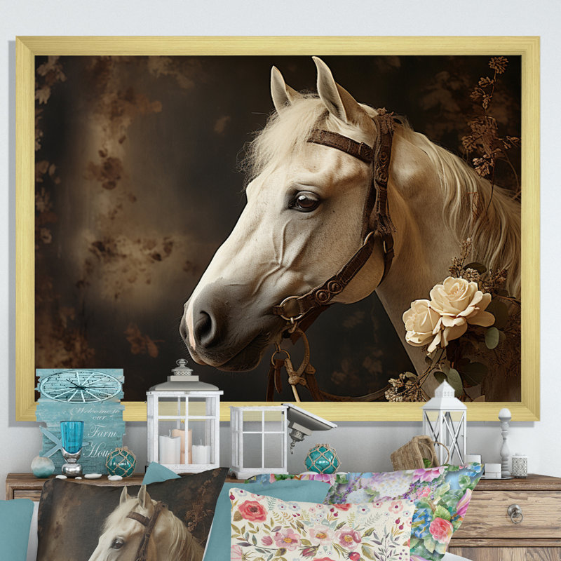 «White Beige Horse Majestic Duality» sur toile, H 24 po x l 32 po x P 1 po, Encadrement doré