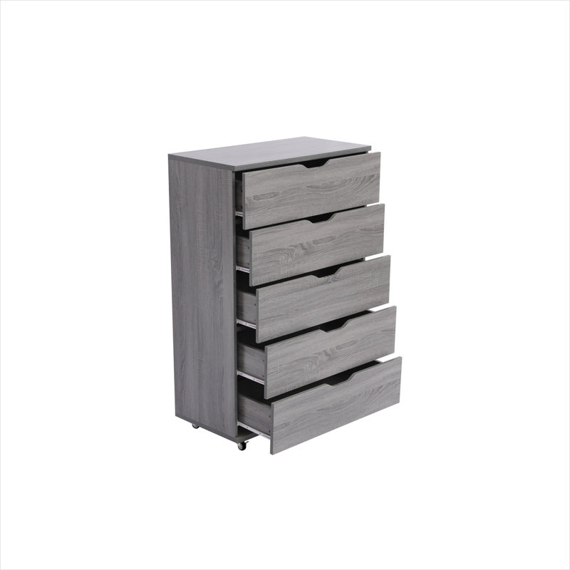 Commode de rangement mobile à cinq tiroirs, panneau de fibres à densité moyenne de ton gris, hauteur 46,46 po, largeur 30,71 po, roulettes