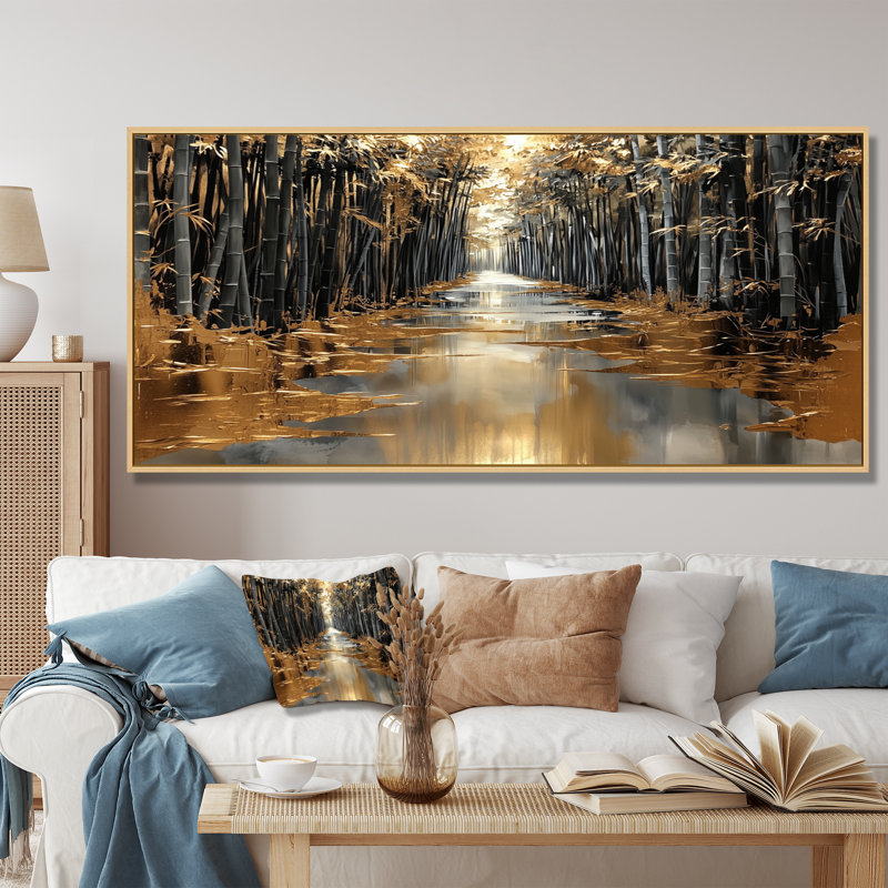 «Golden Arashiyama Bamboo River II», décoration murale en bambou, H 28 po x l 60 po, Impression sur cadre flottant