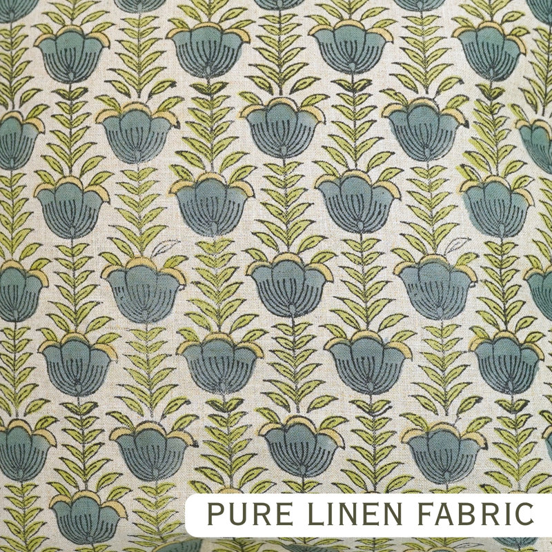 Fabdivine Reversible Handmade Frill Cushion Cover Block Print Linen Decorative Throw Pillow for Home- Lotus, 14x14 Inches