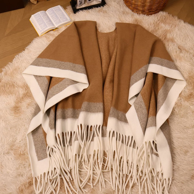 Tassel Throw Blanket, Cozy Poncho Blanket For Women., Tan/Cream Striped