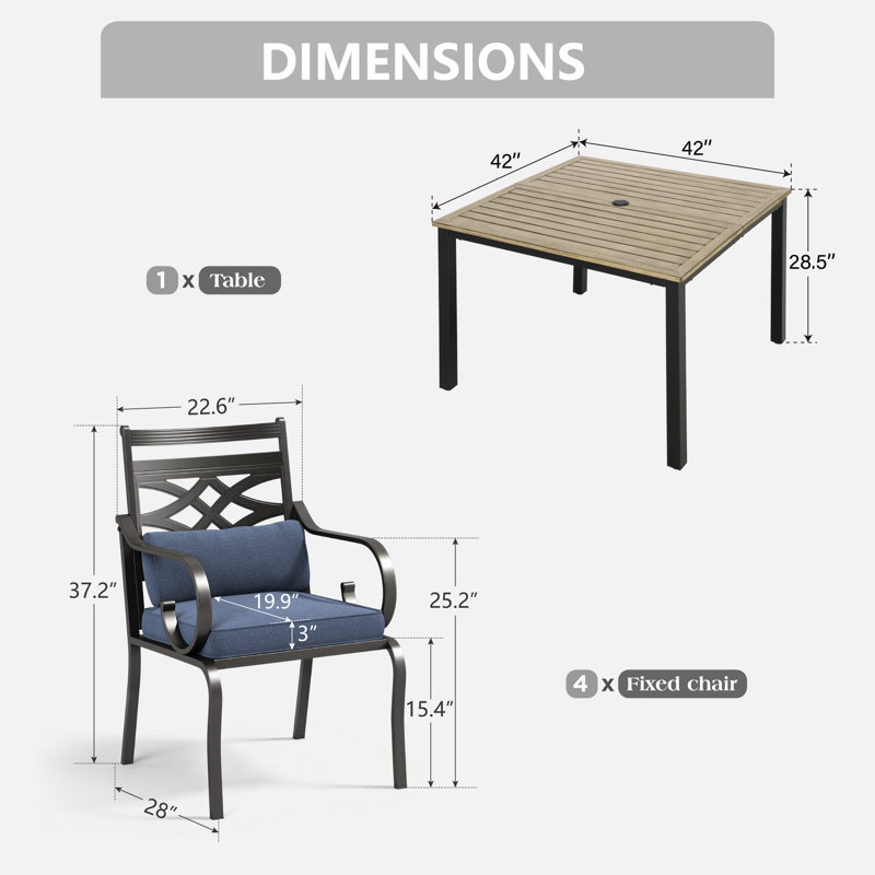 4 - Person Metal Patio Dining Set With Square Table , Cushions Included, Blue