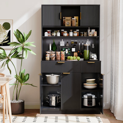 Pantry Cabinet for Living Room, 73" Wooden Fluted Kitchen Microwave Stand Hutch with Storage, Charging Station and DIY Pegboard