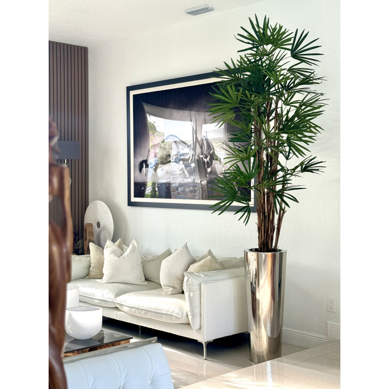 Lady Faux Palm Tree in Metal Planter, 104" H x 33" W x 33" D, Silver
