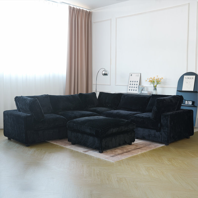 6 - Piece Upholstered Sectional With Ottoman, Black Faux Fur