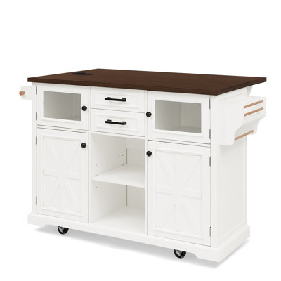47.2" Kitchen Island with Drop Leaf, Power Outlet, Rolling Kitchen Storage Cart on 4 Wheels with 4 Door Shelves, Cross Barn Doors Visual Glass Door