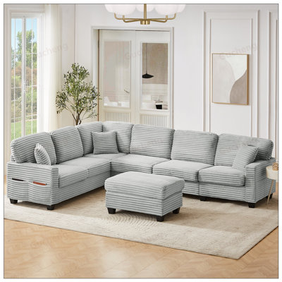 U-shaped Sectional Sofa with Movable Ottoman and Side Storage Pockets for Flexible Living Room Layouts
