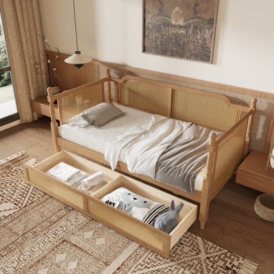 Lit de jour double en rotin traditionnel avec 2 tiroirs pour petits espaces, chambres d'amis, pas de sommier nécessaire, noyer antique