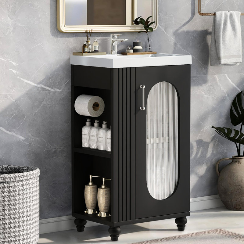 Meuble-lavabo de salle de bain avec lavabo, tablette à deux niveaux, tablette réglable, Noir