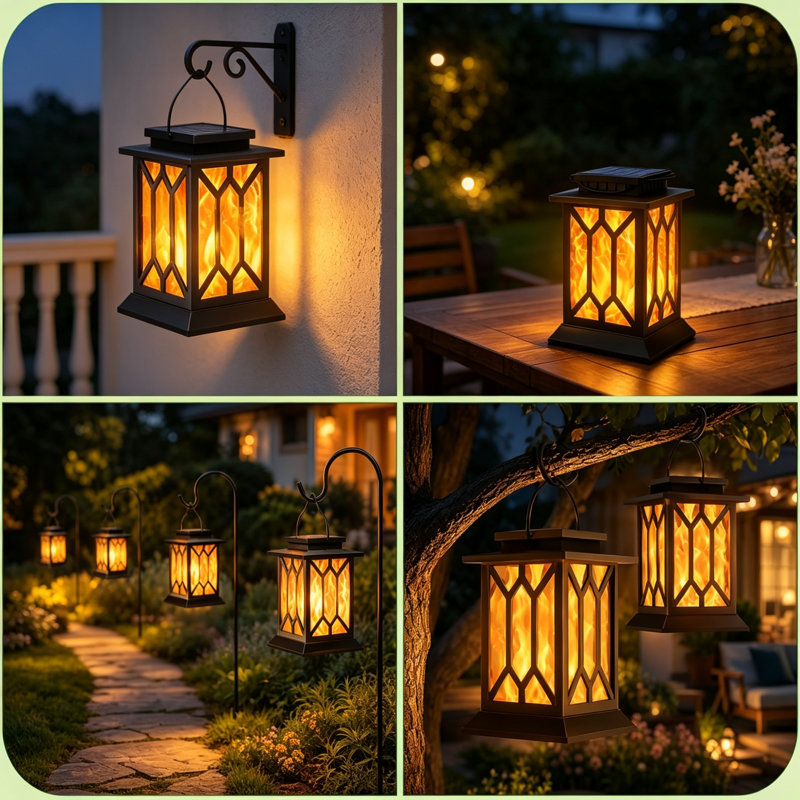 Set of 2 Outdoor Solar Garden Lights, 2‑Mode Flickering Flame Hanging Solar Lanterns, Solar‑Powered Waterproof Dancing Flame Lights for Garden, Porch, Patio & Yard [Energy Class A]