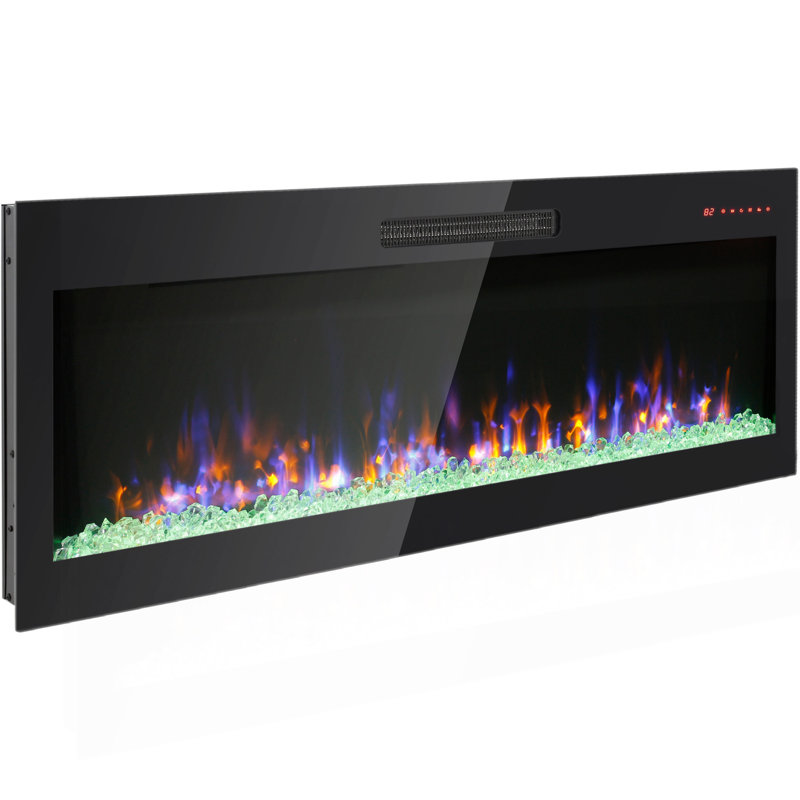 Foyer électrique mural encastré en verre trempé ultra-mince de 60 pouces avec télécommande et flamme multicolore