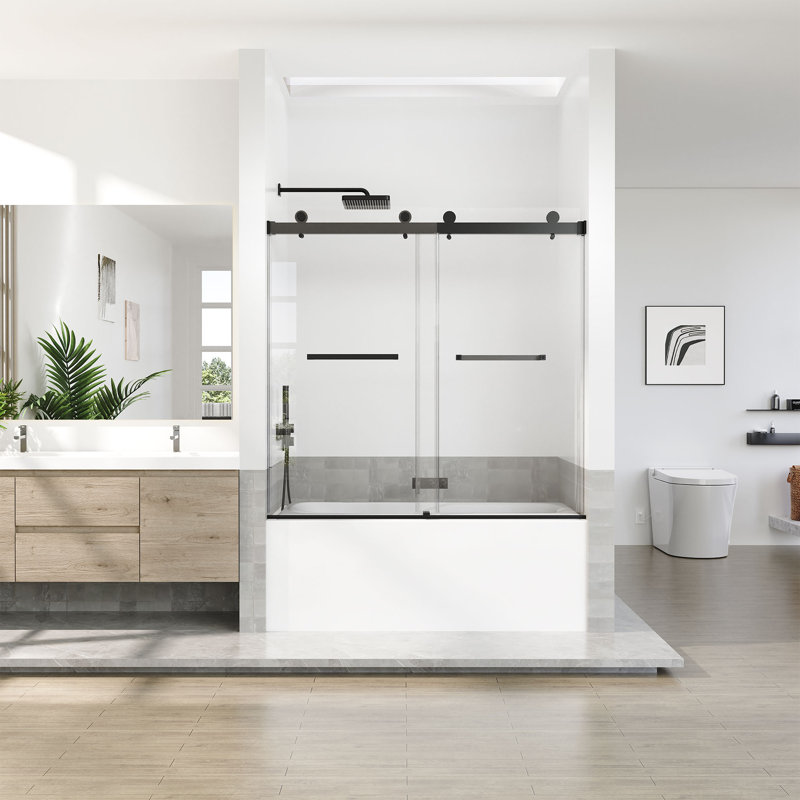 56-60 in. W x 66 in. H Double Sliding Frameless Bathtub Door with 3/8 in Tempered Clear Glass, Matte Black