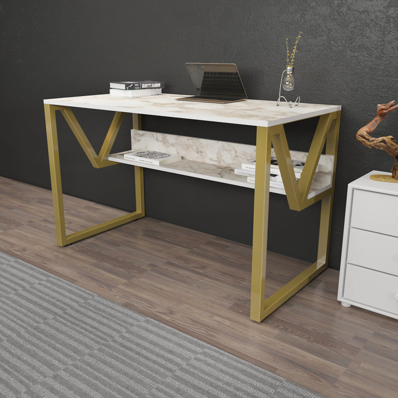 Kymiah 120Cm W Rectangular Computer Desk, Gold, White