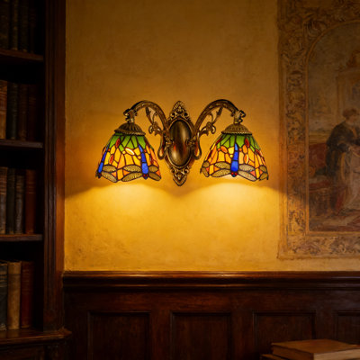 6.3-inch Double-shade Vintage Tiffany-style Red Stained Glass Dragonfly Wall Sconces