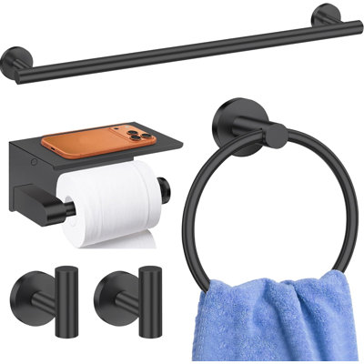 5 Pieces Bathroom Hardware Accessories Set Matte Black, 24Inch Round Towel Racks Set for Bathroom, SUS304 Stainless Steel Towel Bar Set, Toilet Paper Holder with Shelf Wall
