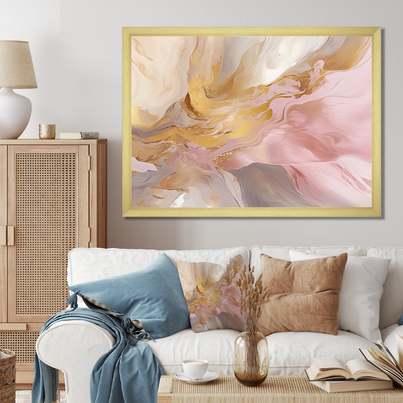 Exquis symphonie abstraite rose et pastel doré - peinture abstraite sur toile, art mural, H 30 po x l 40 po x P 1,5 po