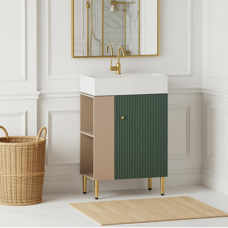 Meuble-lavabo à tablettes ouvertes 21,6 po avec lavabo en céramique et porte à fermeture douce, assemblage requis, Vert