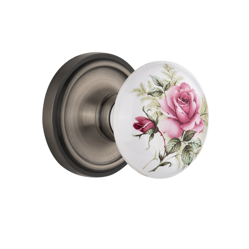Rosette classique avec bouton de porte en porcelaine blanche, Étain antique