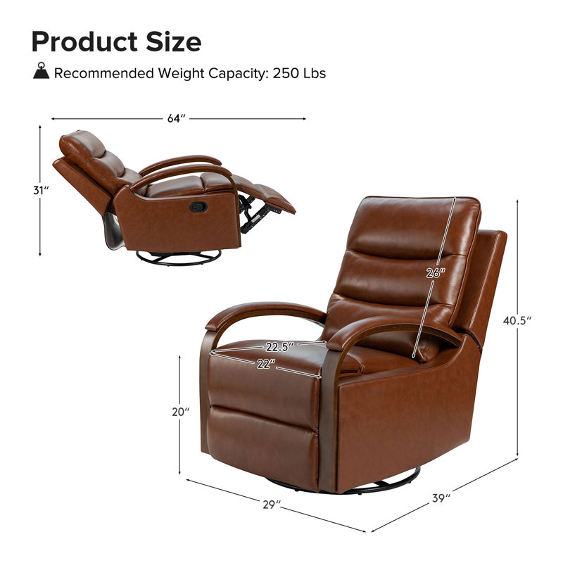 Fauteuil inclinable oscillant standard en cuir véritable de 29 po de largeur Azilda, Cuir grainé brun
