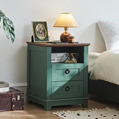 18-Inch Farmhouse Nightstand with Charging Station, 2 Drawers, Open Shelf & Wooden Legs