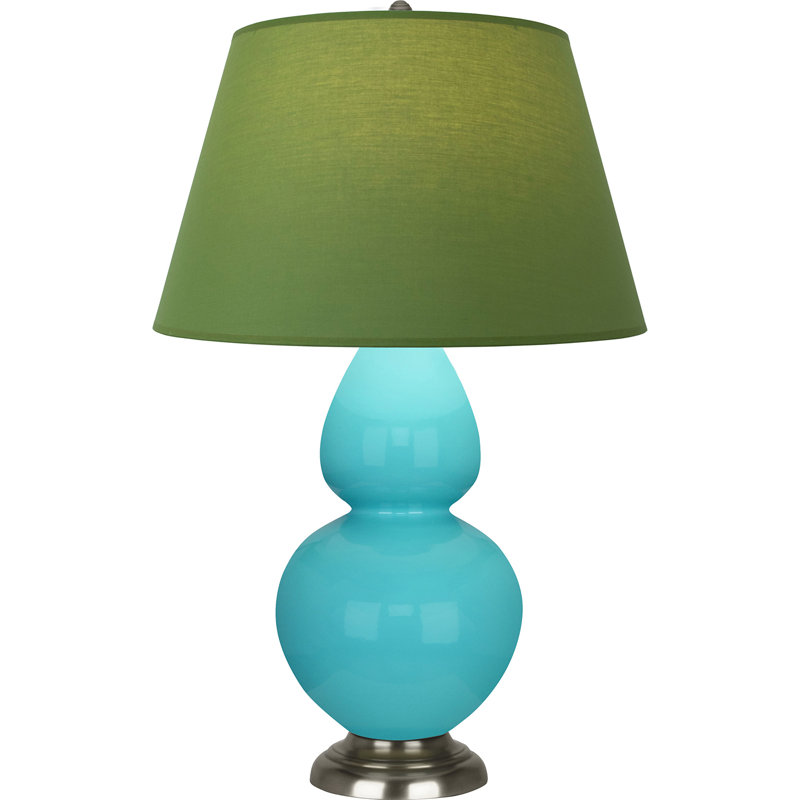 Lampe de table double gourde en céramique, Bleu œuf émaillé / argent antique, Thé vert / taupe, Argent argent