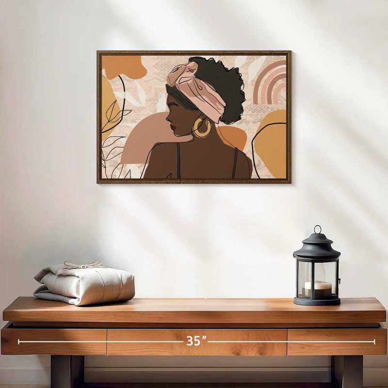 Boho, fille africaine, 19 po x 13 po, Cadre flottant noyer