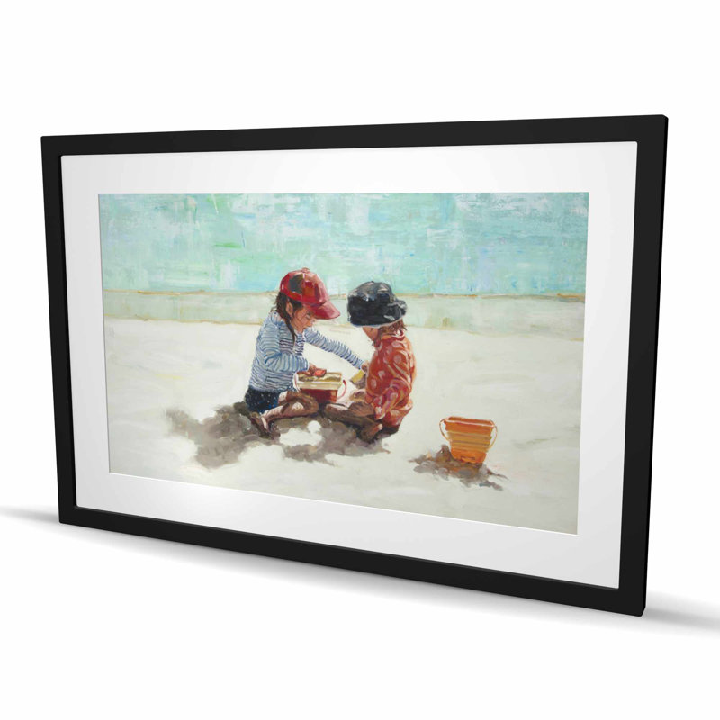 Petites filles à la plage - imprimé mat rouge encadré