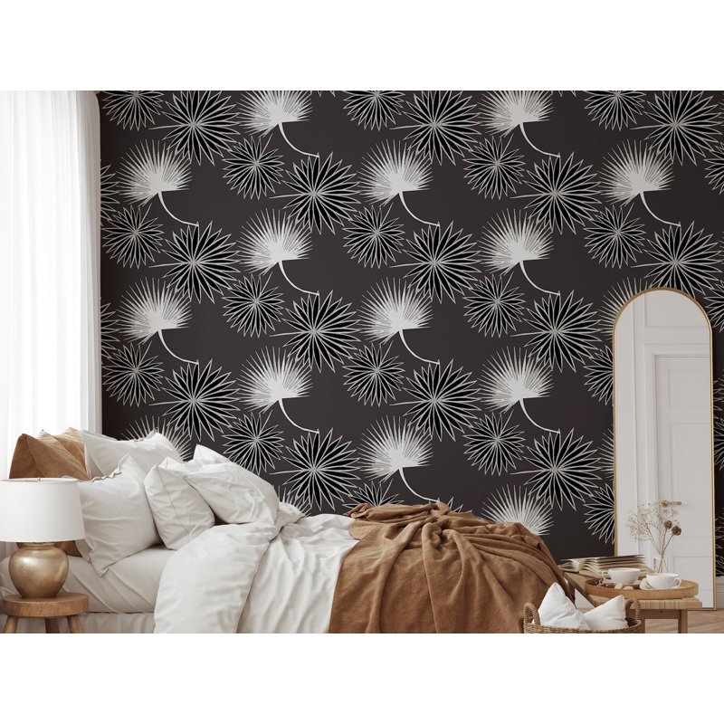Cabbage Palm 10' L x 24" W Peel and Stick Wallpaper Roll, Black, Faux Grasscloth, Non-pasted