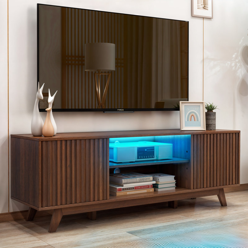 Chapne LED TV Stand Media Entertainment Center Table with 2 Cabinets and Adjustable Shelf, Walnut