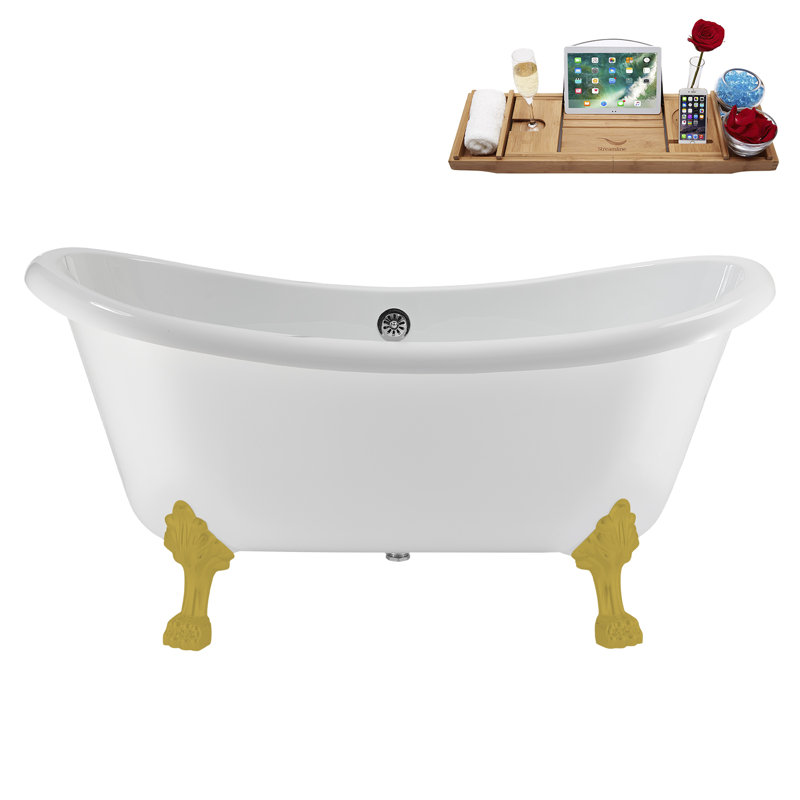 59" Streamline Clawfoot Tub,Tray,Drain, Clawfeet, Brushed Gold, Polished Chrome