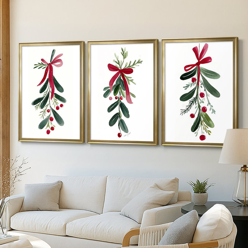 Art de Noël des Fêtes de Noël - Toile tendue avec châssis sur mesure - 3 pièces, H 39 po x l 81 po, Doré