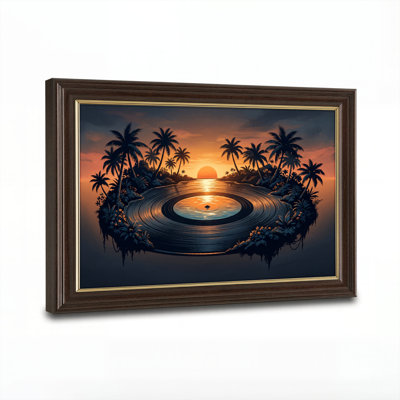 Art mural antique sur toile encadré doré pour le salon, la chambre à coucher, le bureau ou le vestibule - Décoration murale décorative avec coucher de soleil tropical