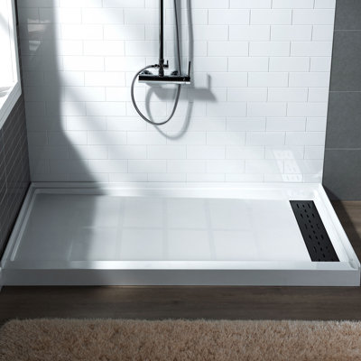60" x 36" Solid Surface Single Threshold Shower Pan Base with Drain Assembly & Drain Cover Included, Non-Slip