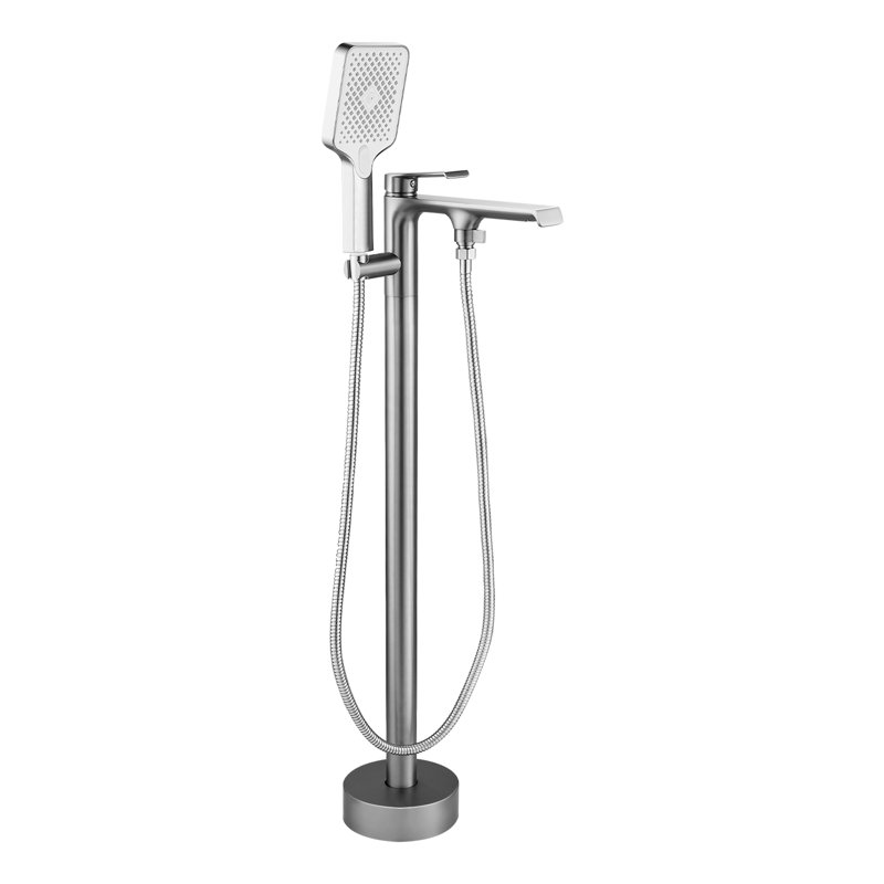 Single Handle Floor Mounted Freestanding Tub Filler Faucet with Handshower, Brushed Nickel