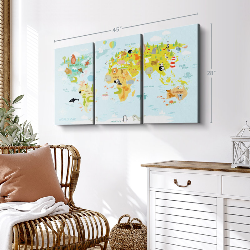 "Carte du monde des animaux" sur toile, H 28 po x l 45 po x P 1,25 po