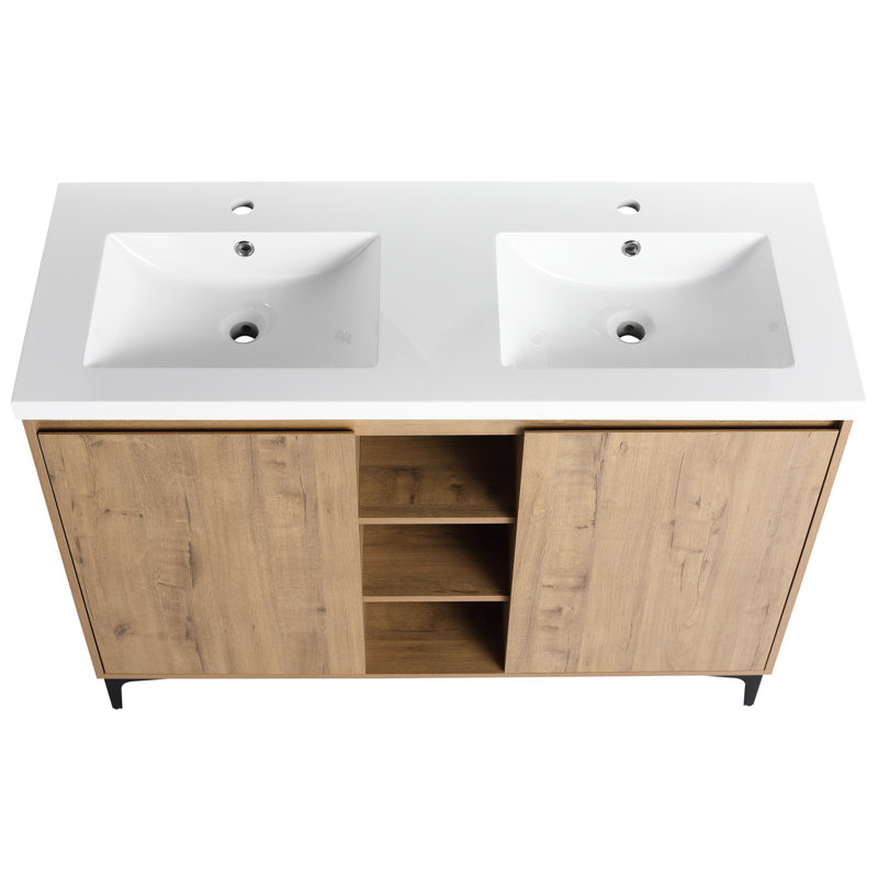 Meuble-lavabo autoportant de 48 po avec lavabo double - style moderne, charnière de porte à fermeture douce, rangement spacieux, lavabo en résine, couleur chêne imitation, structure en contreplaqué