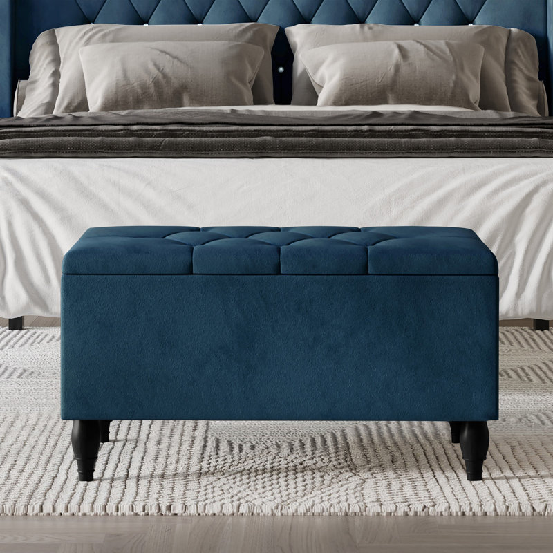 Tyreese Upholstered Bed With Storage Bench, Full, Navy Blue