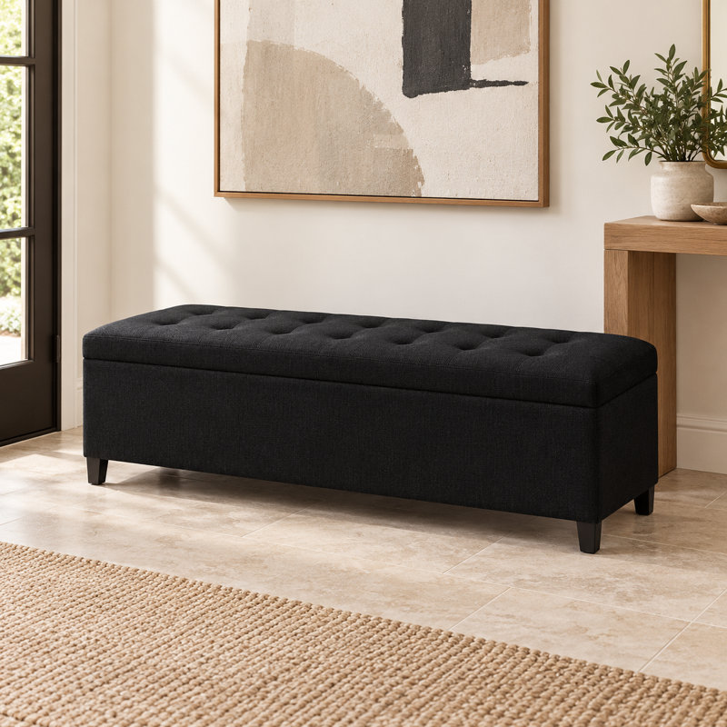 51" Linen Blend Upholstered Storage Bench with Flip Top, Black
