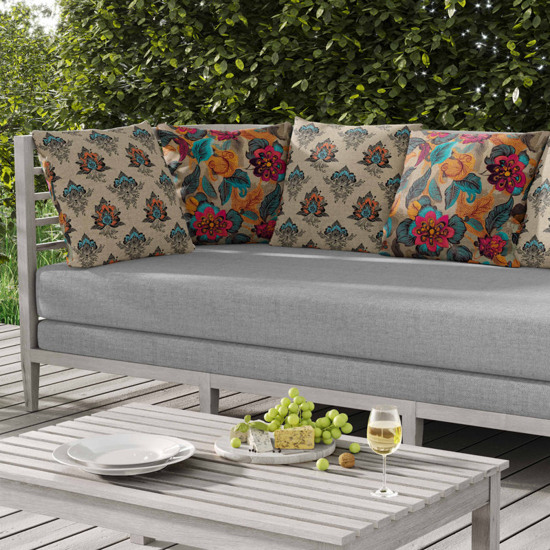 Coussin intérieur / extérieur Eclectic Garden, Carré 16 po, Bleu/rose/orange