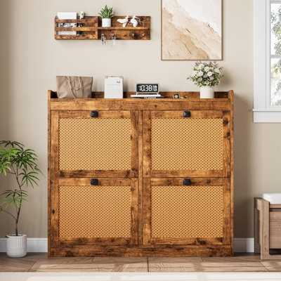 Rattan Shoe Cabinet W/4 Flip Drawers,Wooden Shoe Storage Cabinet Hidden Shoe Rack with Adjustable Shelves,Farmhouse Freestanding Shoe Organizer for Entryway, Closet, Hallway