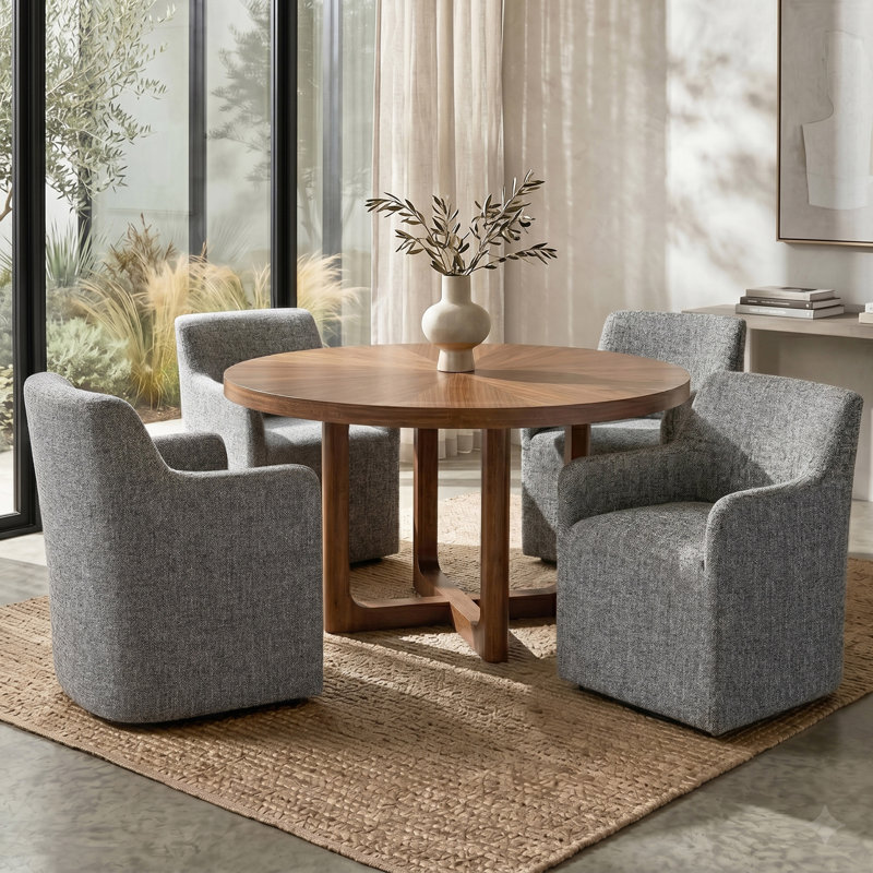 Ensemble de salle à manger rond Jennifer 5 pièces en bois massif avec motif soleil