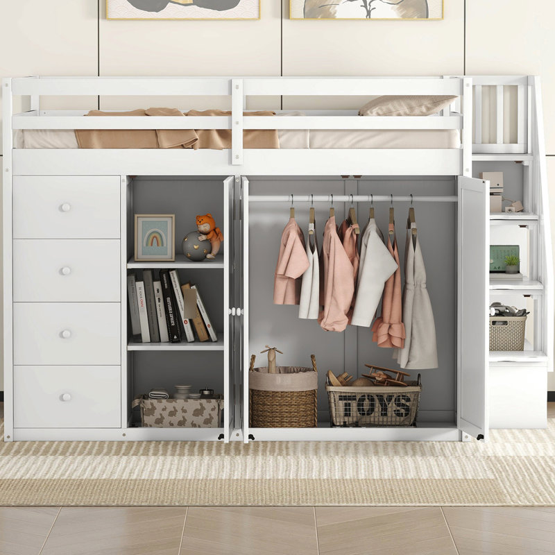 White Full Size Loft Bed Featuring Three-Tiered Compartments And Open Wardrobe, Customizable Bedroom Furniture Wood Of Size, With Storage Staircase Compartments, Multifunctional