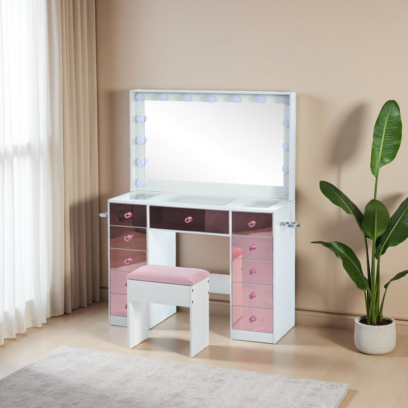 Makeup Vanity With 11 Hollywood Bulbs, 3Color Lighting Modes Adjustable Brightness, Dressing Table With Visual Glass Top And 11 Pink Finish Drawers, Vanity Desk Set With Cushioned Stool