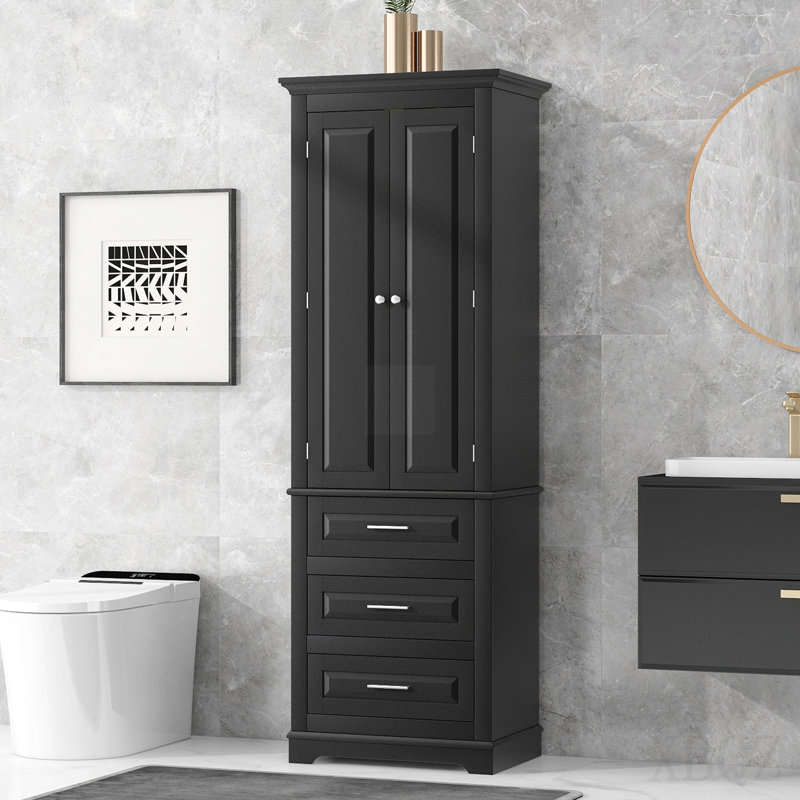 Grande armoire de rangement avec trois tiroirs pour salle de bain / bureau, noir, Black