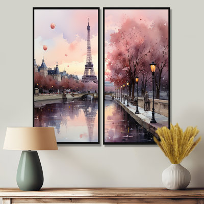 «Pink Twilight Rendezvous In Paris II», ensemble de 2 impressions sur toile traditionnelles