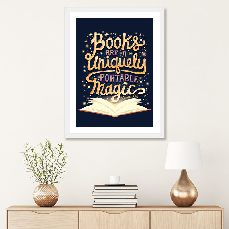 «Livres Are Magic» par Risa Rodil - reproduction d'art textuel, H 32 po x l 24 po x P 1 po, Papier encadré blanc, Blanc